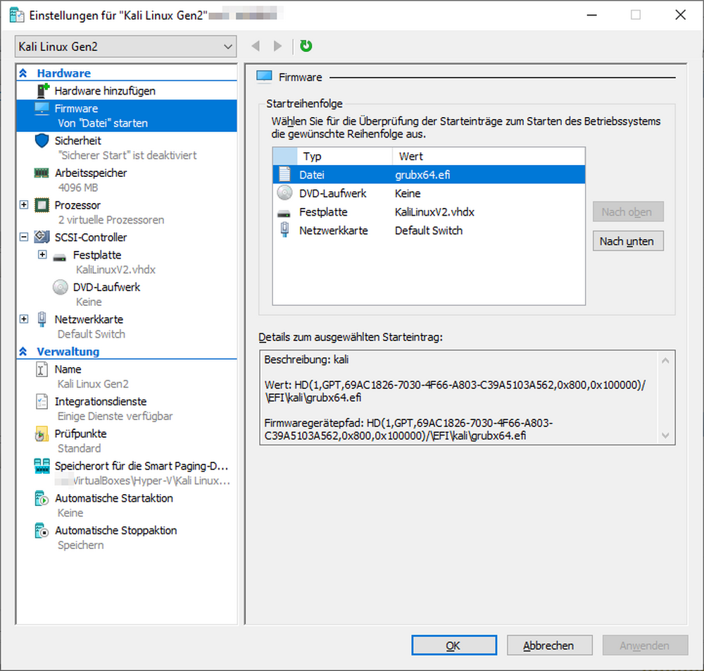 Hyper-V Einstellungen - Firmware Bootreihenfolge