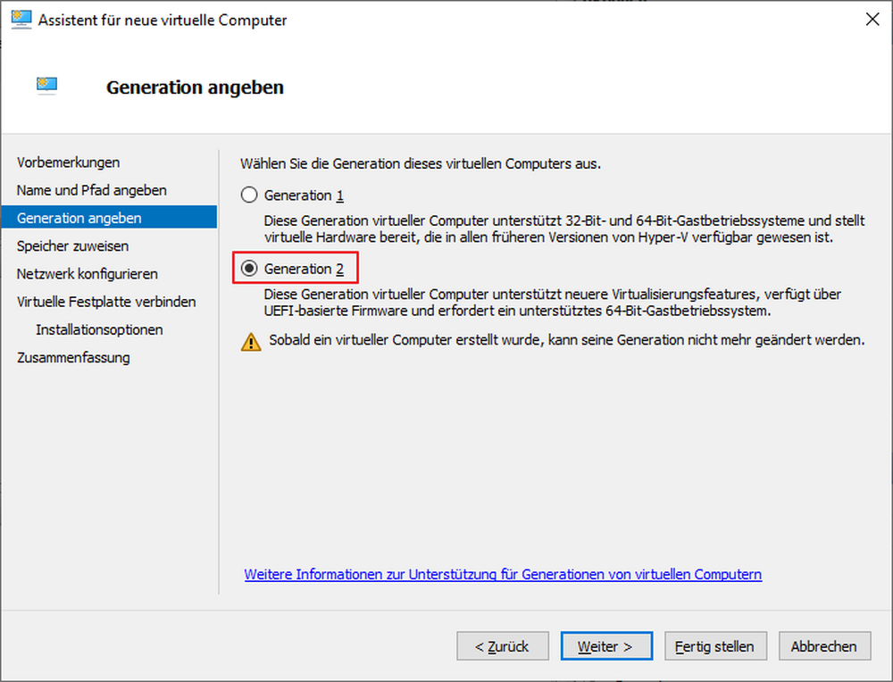 Hyper-V Assistent - Generation 2 wählen