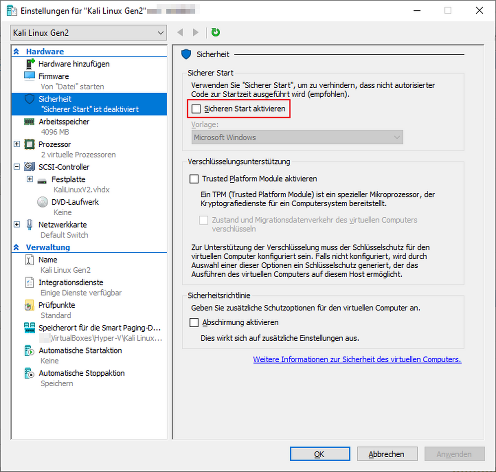 Hyper-V Einstellungen - Sicherheitseinstellungen