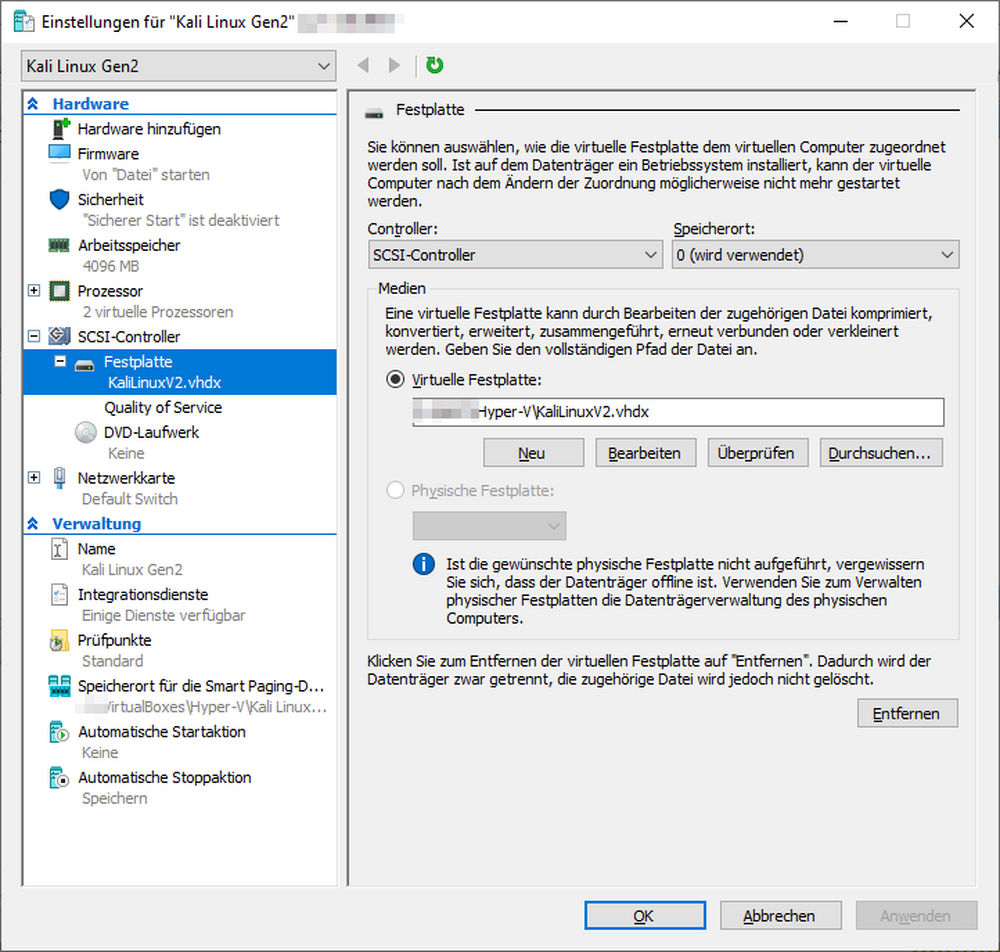 Hyper-V Einstellungen - Festplatten und Laufwerke