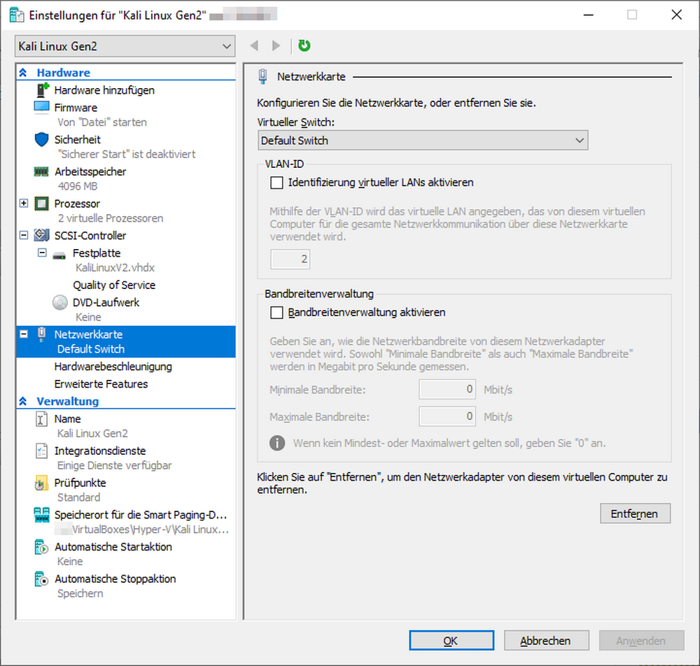 Hyper-V Einstellungen - Netzwerkeinstellungen