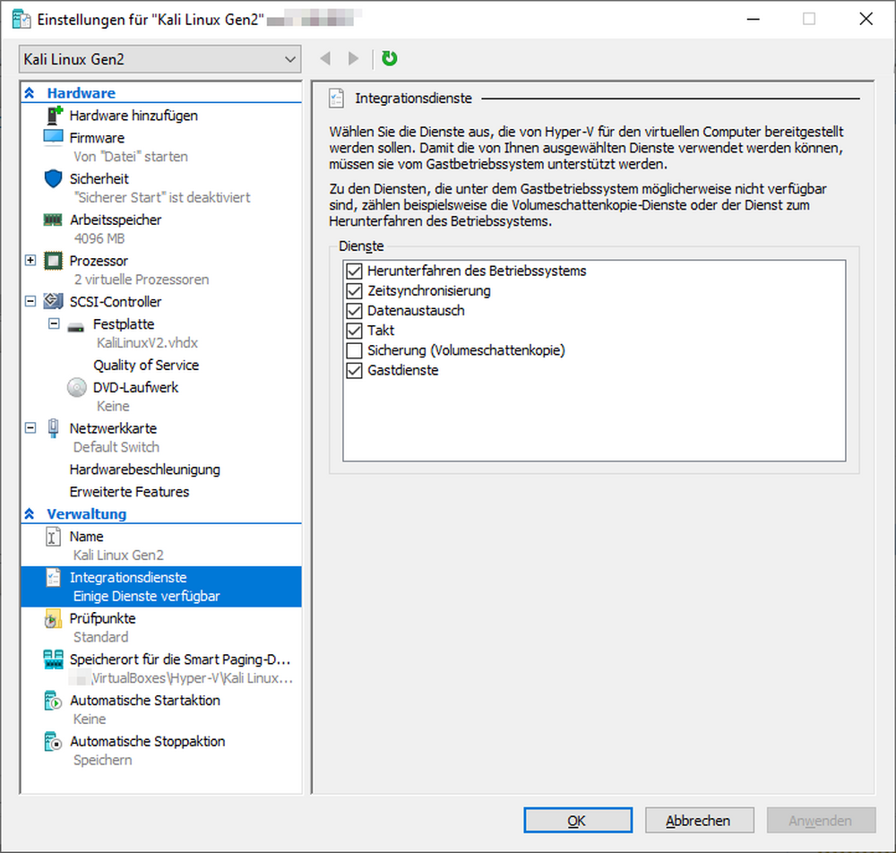 Hyper-V Einstellungen - Integrationsdienste