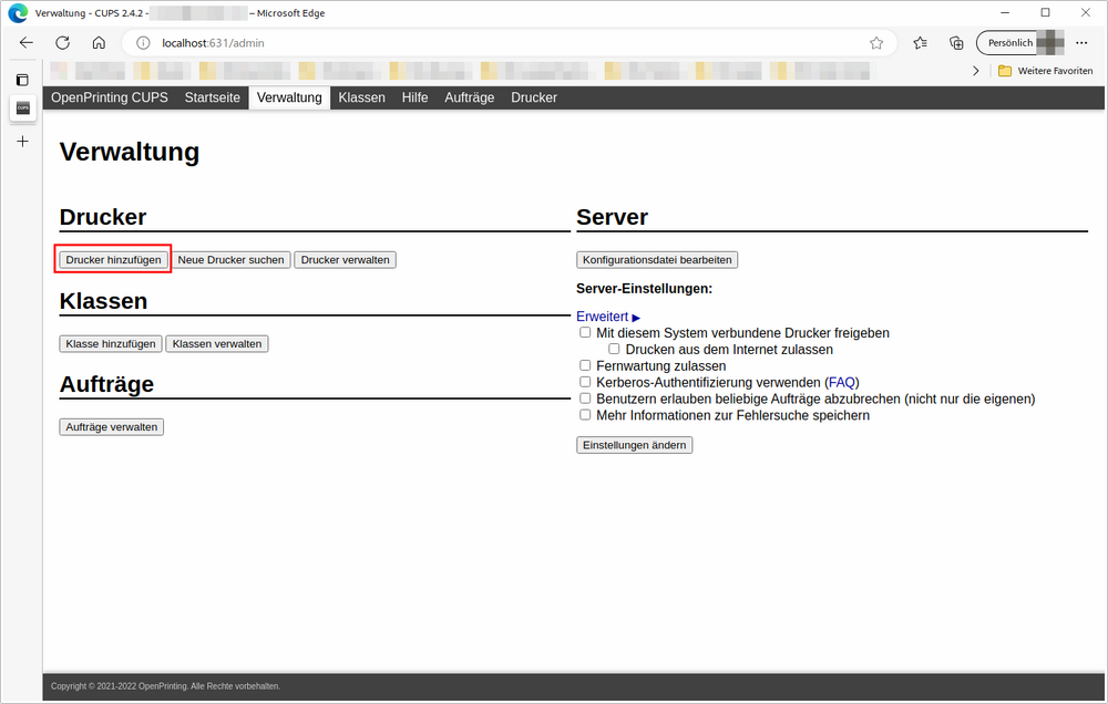 CUPS Administration - Neuer Drucker